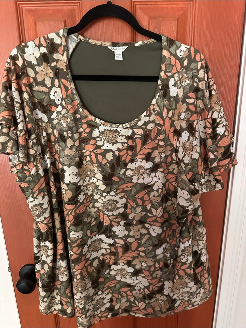 Women’s Olive Floral Scoop Neck Tee with Coral Accents